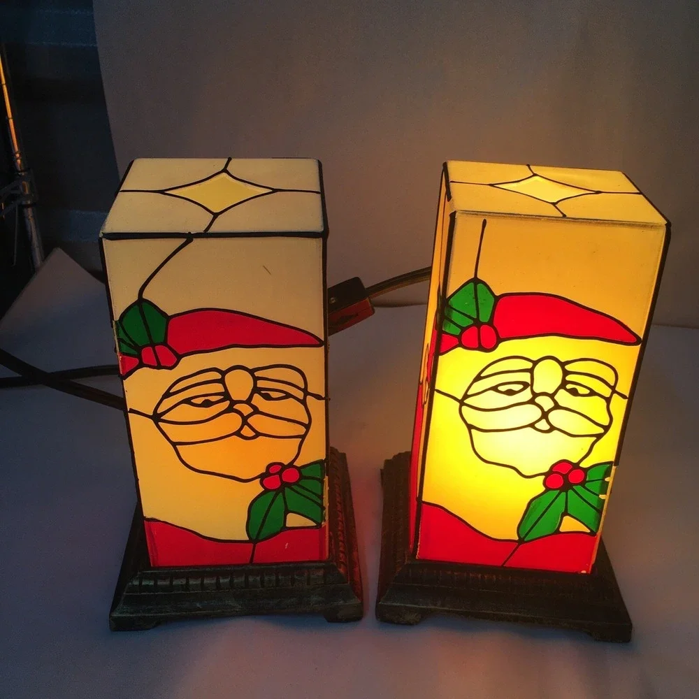 Vtg Christmas Santa Lamps Plastic Stained Glass Look Gold Base Read Description